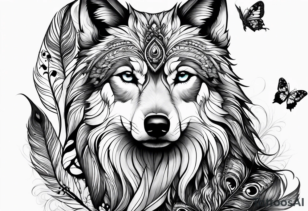 Wolf pup, peacock feather, butterfly, tattoo idea