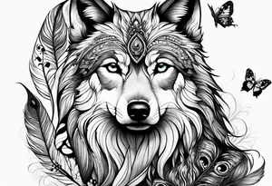Wolf pup, peacock feather, butterfly, tattoo idea