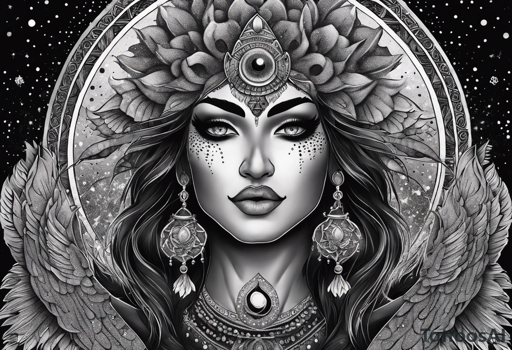 black kali, goddess pirate, alien, angel, pachamama, valkrye, warrior, flying, skull, lotus azul, wing, eagle, zenza resonance, stars, 5D, anahata chakra, death, durga, riding on a tiger, flying lady, kundalini, chest tatoo, samuri, rebel,serpent tattoo idea