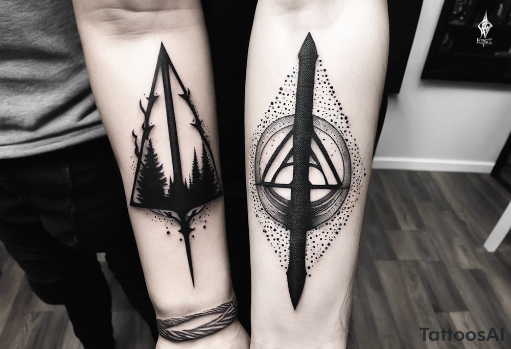 Lord of the rings with Harry Potter incorporated but clear visual of both movies. Small and minimal. Something like the deathly hallows symbol made out of swords and wizard staff from LOTR tattoo idea