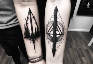 Lord of the rings with Harry Potter incorporated but clear visual of both movies. Small and minimal. Something like the deathly hallows symbol made out of swords and wizard staff from LOTR tattoo idea