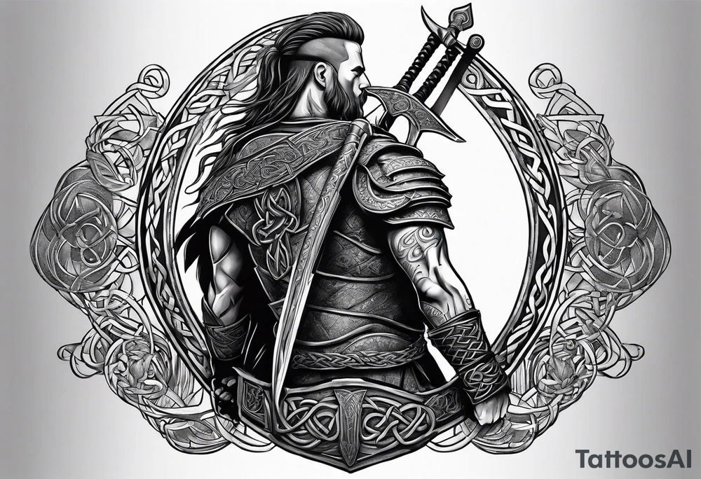 Side profile full body of a Celtic warrior with weapons tattoo idea