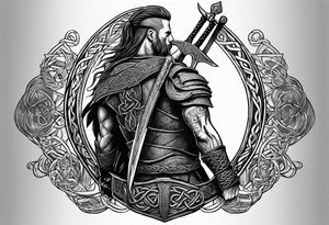 Side profile full body of a Celtic warrior with weapons tattoo idea