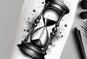 Hourglass, cosmic dust exploding from the top and bottom of the hourglass. Long tattoo to fit on the forearm, masculine, minimalist, 3 tiers tattoo idea