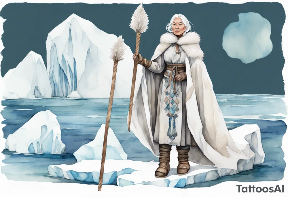 a middle aged Inuit woman with white hair, wearing mittens, wearing a white cloak, holding a white staff, wearing mukluks, standing on an iceberg in the sea tattoo idea