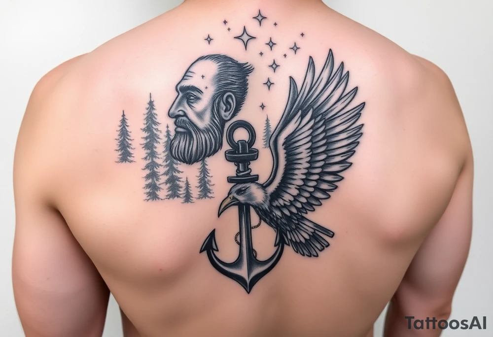 Father time and the Keeper of the stars with a Forest backround, a hidden anchor, and 
Canadian Air force eagle tattoo idea
