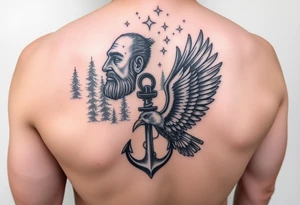 Father time and the Keeper of the stars with a Forest backround, a hidden anchor, and 
Canadian Air force eagle tattoo idea