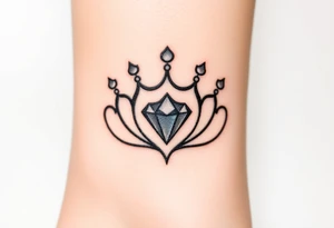 crown with a diamond-shaped gem in the center, rendered in simple black outlines with subtle metallic touches of silver and diamond-like glimmers tattoo idea