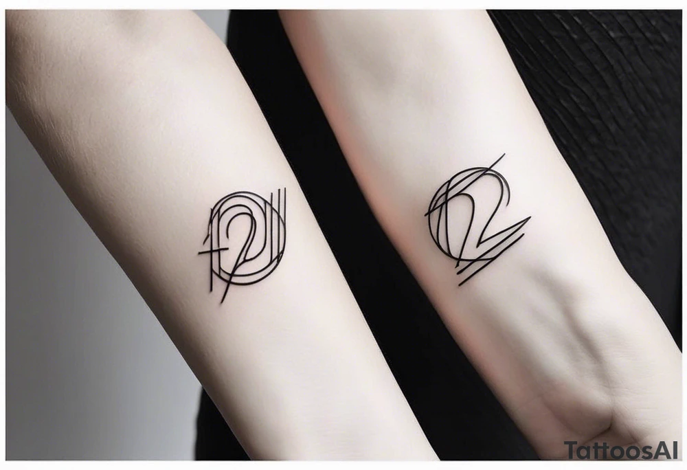 Minimalist tattoo with ultra-thin lines, where the number 22 is the main element, representing luck and eternal love with my girlfriend. The design should be subtle and elegant, with an abstract or geometric detail symbolizing our bond and special connection. Ideally in black and white, with a modern and timeless style, perfect for the forearm, chest, or behind the ear tattoo idea