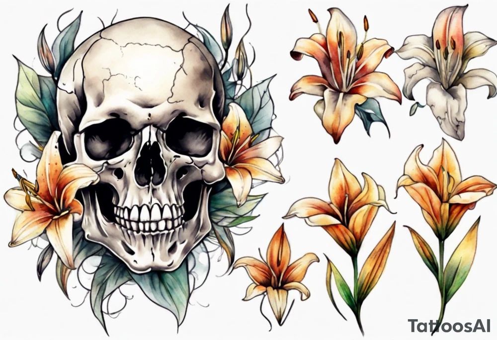 Skull and lilies tattoo idea