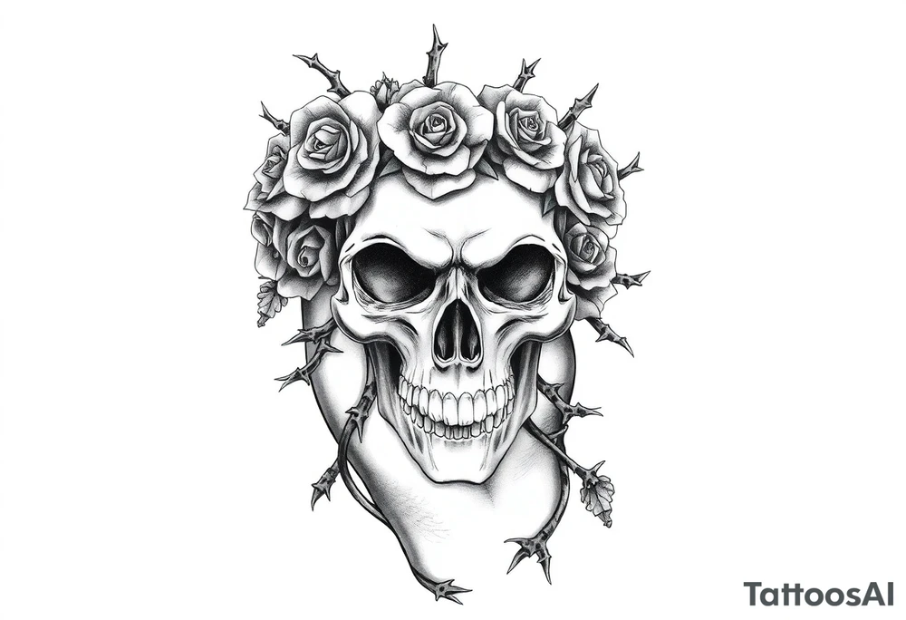 ornate skull adorned with crown of wild roses and thorns tattoo idea