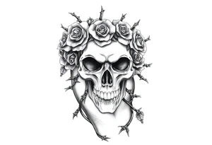 ornate skull adorned with crown of wild roses and thorns tattoo idea
