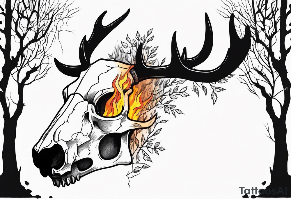 Halloween side profile of a DECAYING deer skull JUST BONE surrounded by a flames and trees in background tattoo idea