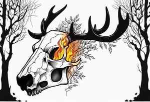 Halloween side profile of a DECAYING deer skull JUST BONE surrounded by a flames and trees in background tattoo idea