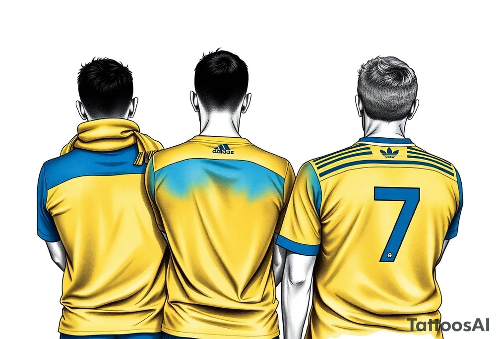 4 soccer fans from their backs, wearing yellow blue shirts. the second one from left having a kid on his shoulders, and he's rising a scarf.
the right one is older and shorter and wearing an shirt with the number 7 on it and has on his shoulders line like adidas tattoo idea
