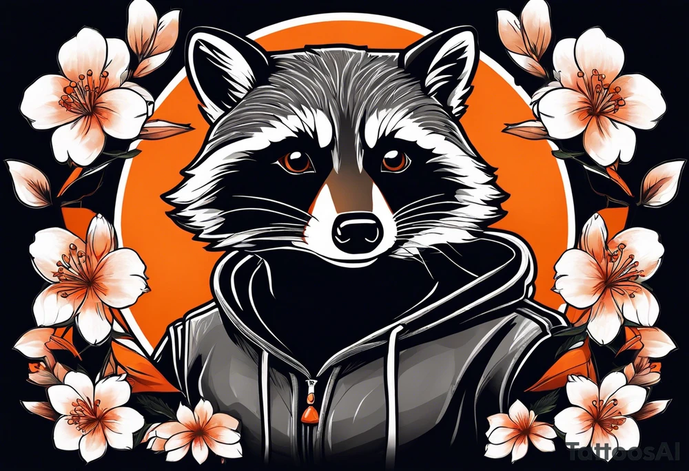 Raccoon wearing a white Superman logo on a black hoodie and orange Japanese cherry blossoms tattoo idea