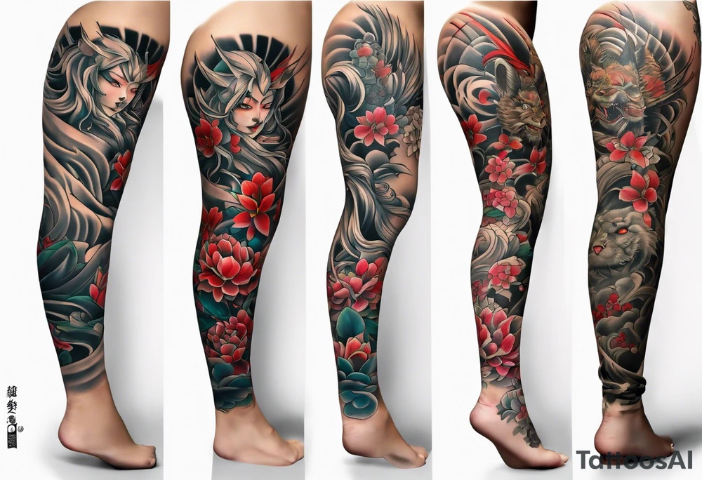 leg tattoo, full leg, oni, girl, oni girl, samurai tattoo idea