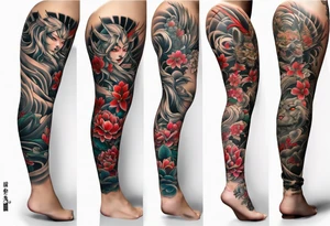 leg tattoo, full leg, oni, girl, oni girl, samurai tattoo idea