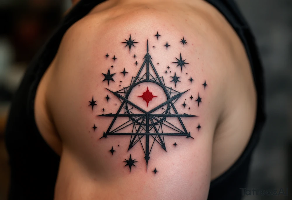 Bold black stars outline the Libra star constellation while a red-ink symbol from the center. tattoo idea