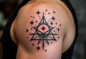 Bold black stars outline the Libra star constellation while a red-ink symbol from the center. tattoo idea