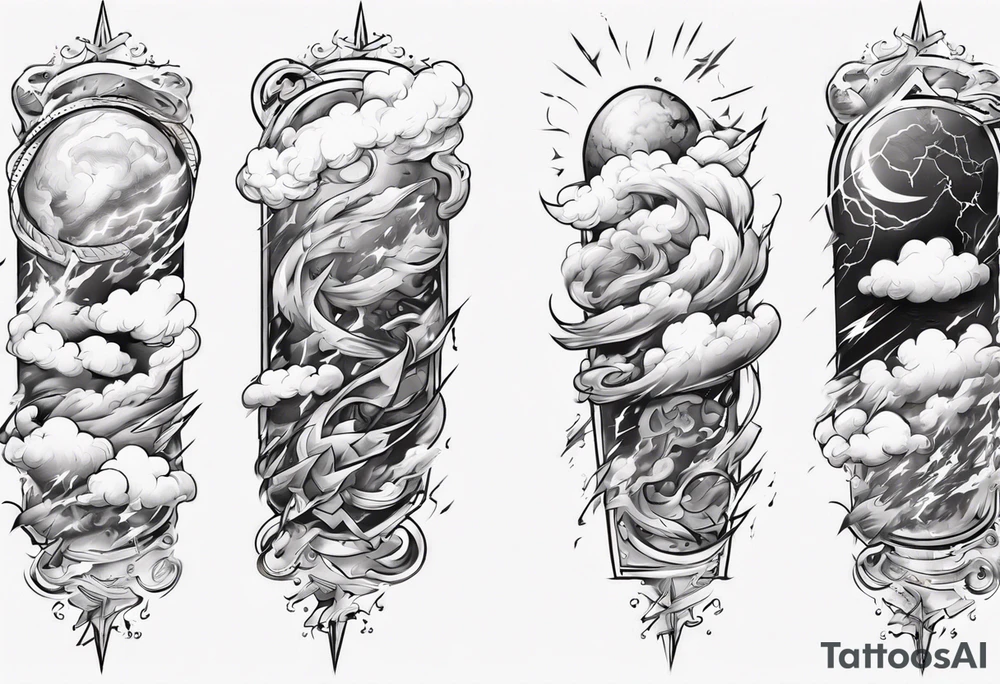forearm sleeve lightning and clouds pattern tattoo idea