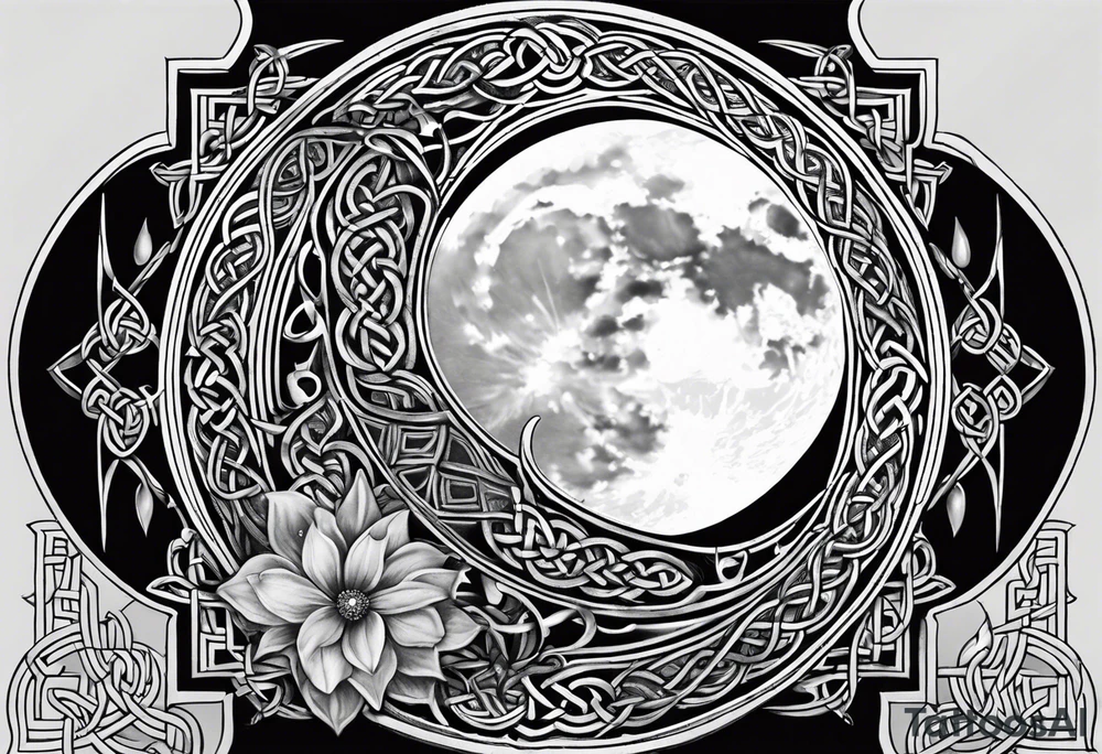 Moon, celtic symbol, hydrangia tattoo idea