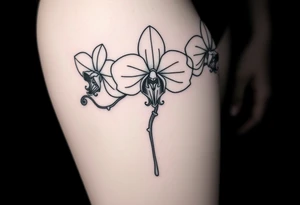 Draw of three fine line orchids different size realistic, the central part resembles a vagina. Are connected with branches tattoo idea