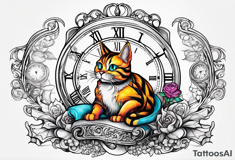 Chester cat on Alice in wonderland. Clock hour glass tattoo idea