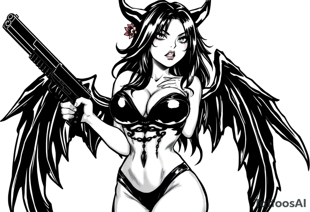 succubus, slut, anime, holding gun, black, leather bikini, angry tattoo idea