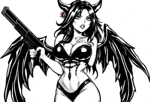 succubus, slut, anime, holding gun, black, leather bikini, angry tattoo idea