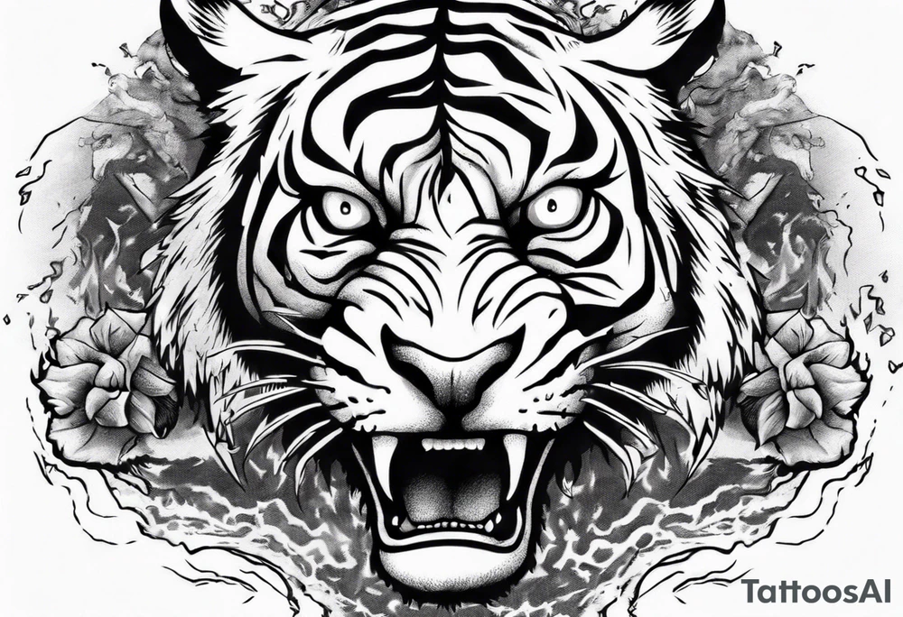 mythical ferocious tiger with lightning around it tattoo idea