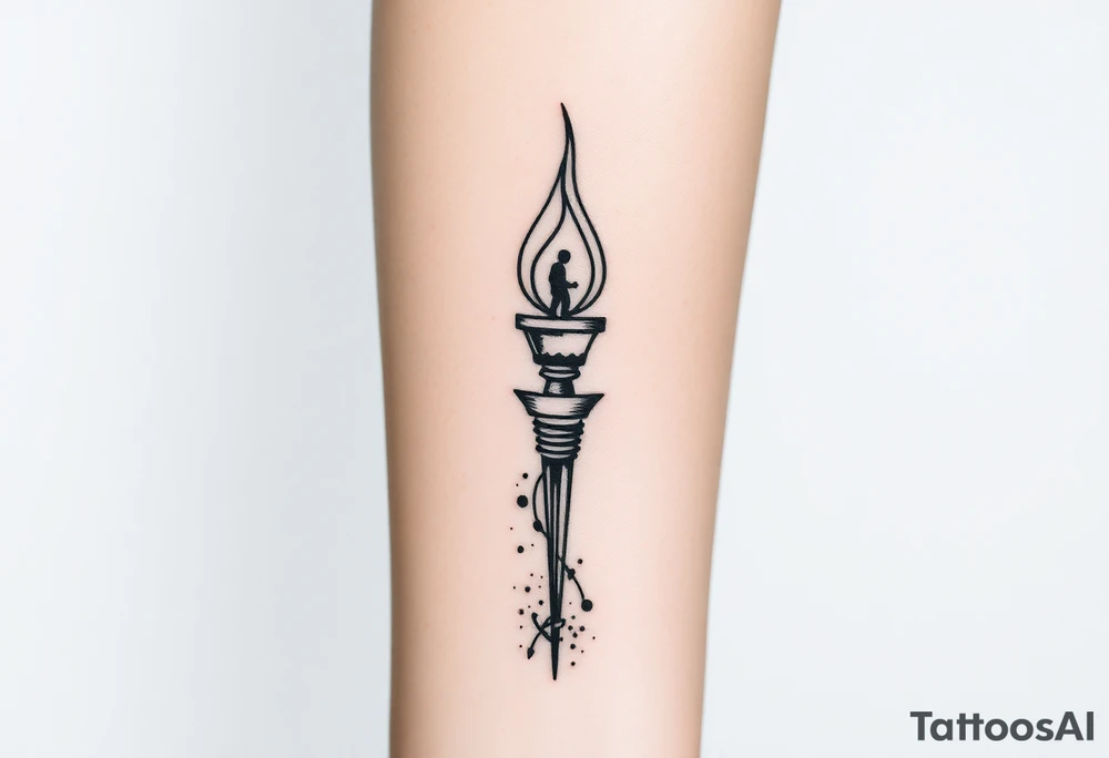 Black-ink forearm tattoo of an abstract torch representing a father’s legacy passed to his son. Torch flame is minimalistic lines and particle flow, fragmented at the base (father’s unfinished work) and bright/solid at the top (son continuing the legacy). Subtle abstract figure of father integrated at the top as if guiding or cheering. Include date VI·IV·MMXXIII hidden in linework and optional phrase “Building what he couldn’t”. Clean, vertical layout, minimalistic, fine-line, black ink only, emotionally resonant. tattoo idea