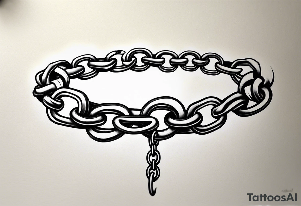 Create a tattoo design sketch in a realistic style, featuring a chain. The chain should have detailed links that are consistent in size, with a focus on the metallic texture, reflections, shadows, and signs of wear. The design should capture the three-dimensional aspect of the chain, making it appear as if it’s resting naturally on the skin. The overall look should emphasize realism and intricate detailing tattoo idea