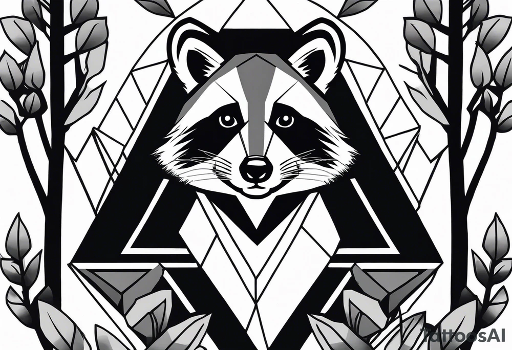 Vertical portrait of raccoon in front of trees in the shape of a diamond tattoo idea
