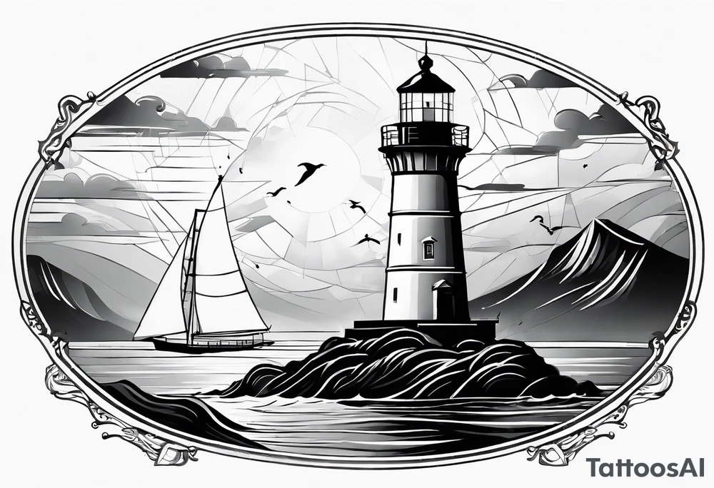 maritime lighthouse partially hidden by its large fixed sail. calm sea reflection. tattoo idea