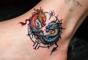 A mirrored twin dragon design, one fiery red and gold, the other icy blue and silver, intertwined in a circular dance and with Gemini glyph tattoo idea