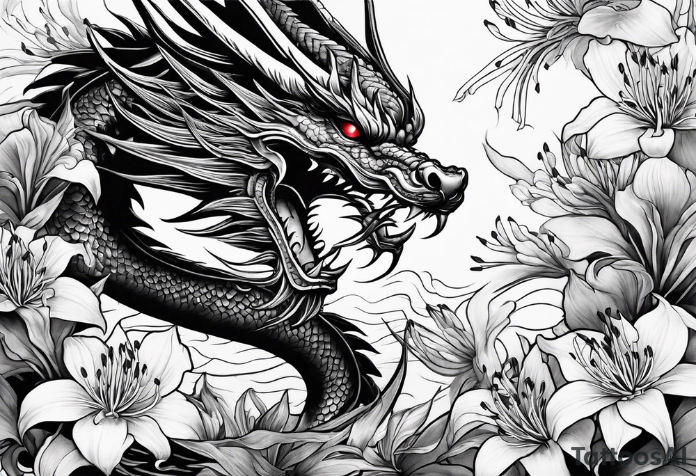 full Dragon with red Spider lilies surrounding it tattoo idea