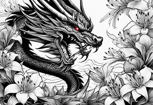 full Dragon with red Spider lilies surrounding it tattoo idea