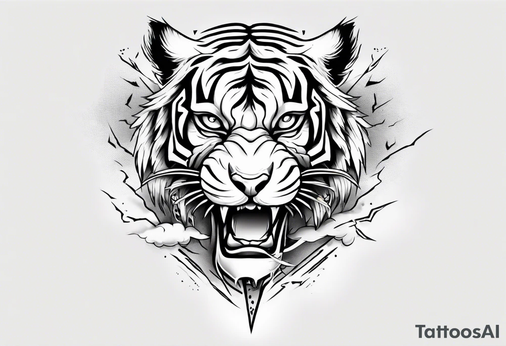 A mythical tiger forearm sleeve tattoo, with lightning and clouds filling the area tattoo idea