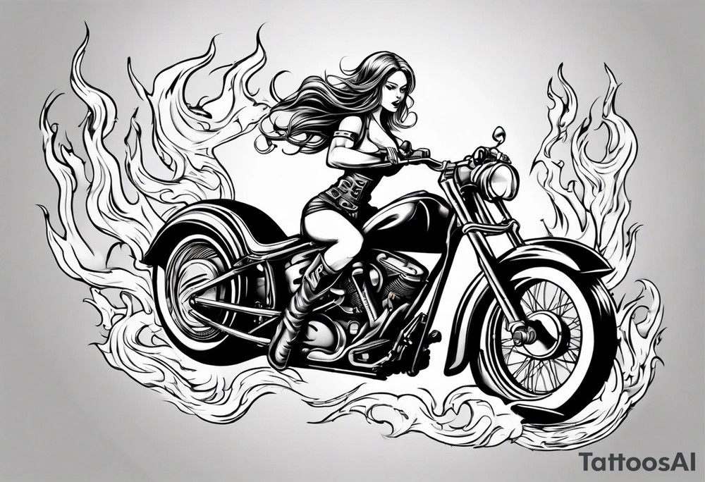 i want a tattoo of a girl riding a motorcycle with flames the words “Viking Customs” tattoo idea