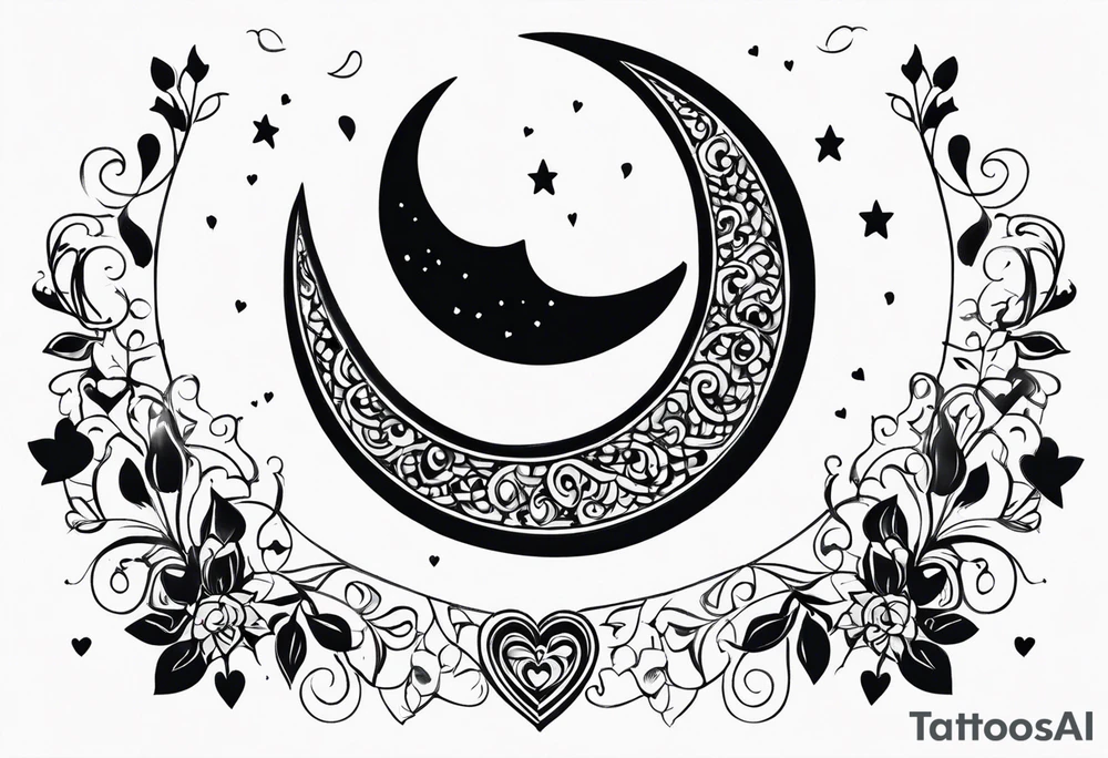 Crescent moon with hearts dangling from the bottom of it tattoo idea