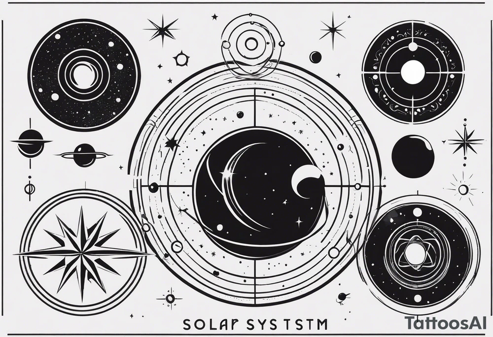 The symbols of the elements of the solar system are arranged in order of distance from the sun. The symbols should be stylized as the logo 30 seconds to Mars tattoo idea