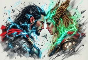 Thor’s epic battle against Hela, with shattered swords around him, glowing green energy clashing with his blue lightning, in a cinematic full-color piece. tattoo idea