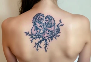 knight and Lion intertwined with tree roots and roses rolling dice tattoo idea