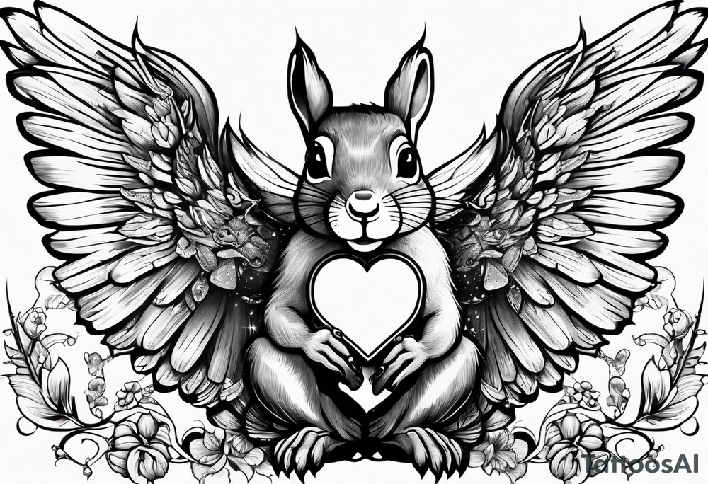 Squirrel with angel wings holding a nut tattoo idea