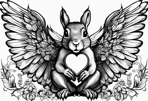 Squirrel with angel wings holding a nut tattoo idea