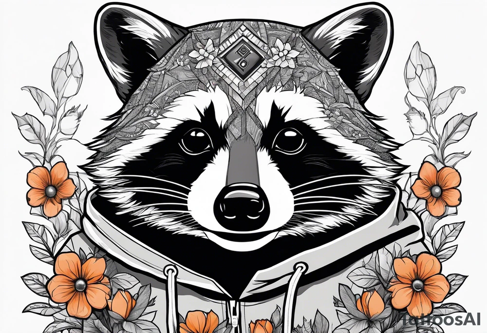 raccoon wearing a Superman hoodie with orange flowers tattoo idea