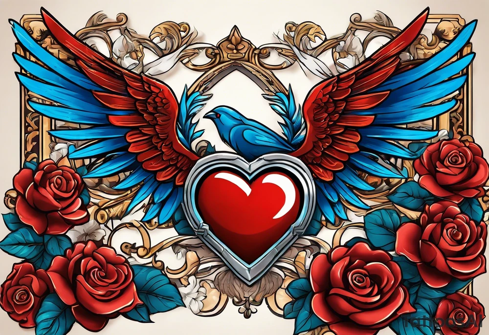 Cupio fly boy wings and a bow,, bacground sea ancient rome gods , blue roses frames, red heart bow tattoo idea