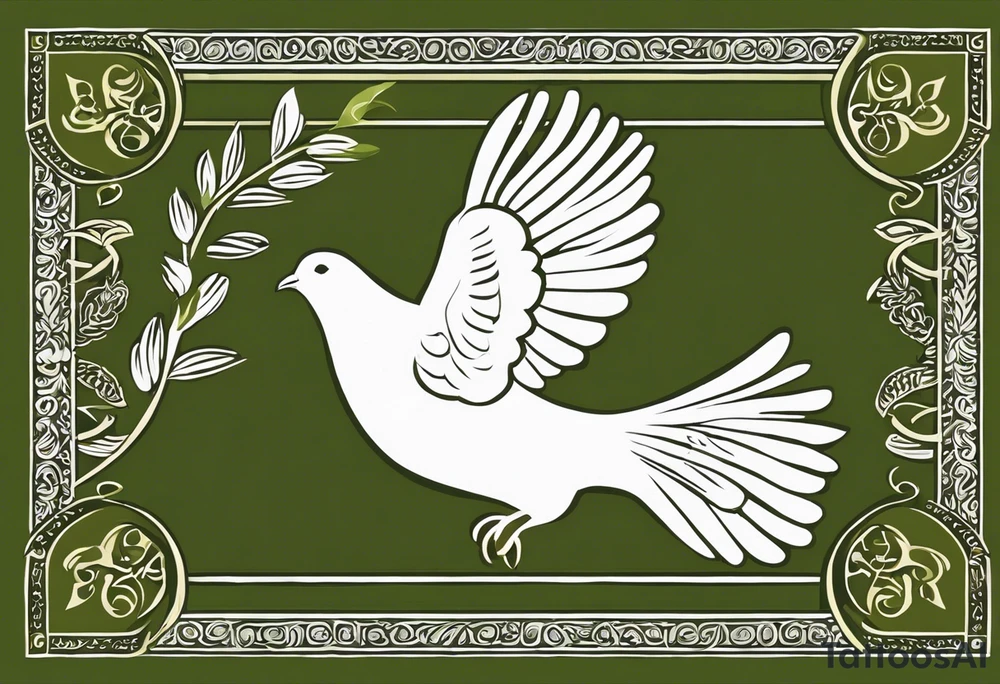 Dove soring through the air clasping an olive branch in its talons. The olive branch is fluttering in the wind with leaves from the branch floating behind the dove. The leaves transform into spear heads the further away from the dove they get. The words 'Si vis Pacem, para bellum' is boldly transcribed underneath the scene tattoo idea