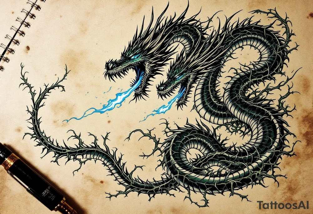 Slavic Dragon (Zmey) – A three-headed serpent-like dragon in shades of dark green and steel, spitting blue flame and wrapped in thorny vines. tattoo idea